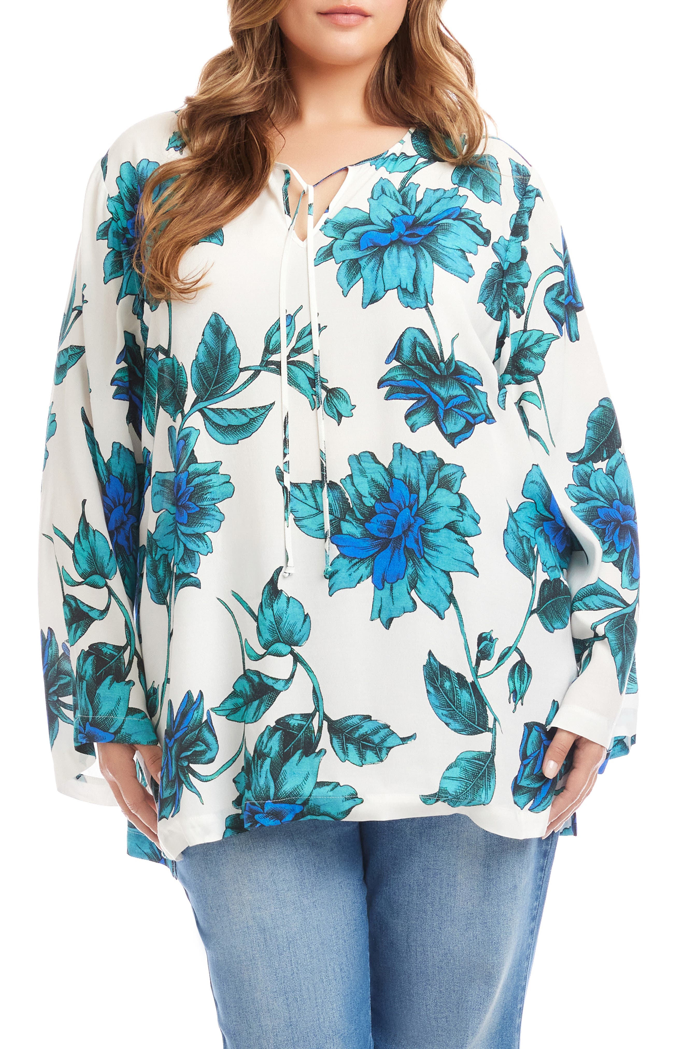 Floral Tie Neck Side Slit Tunic