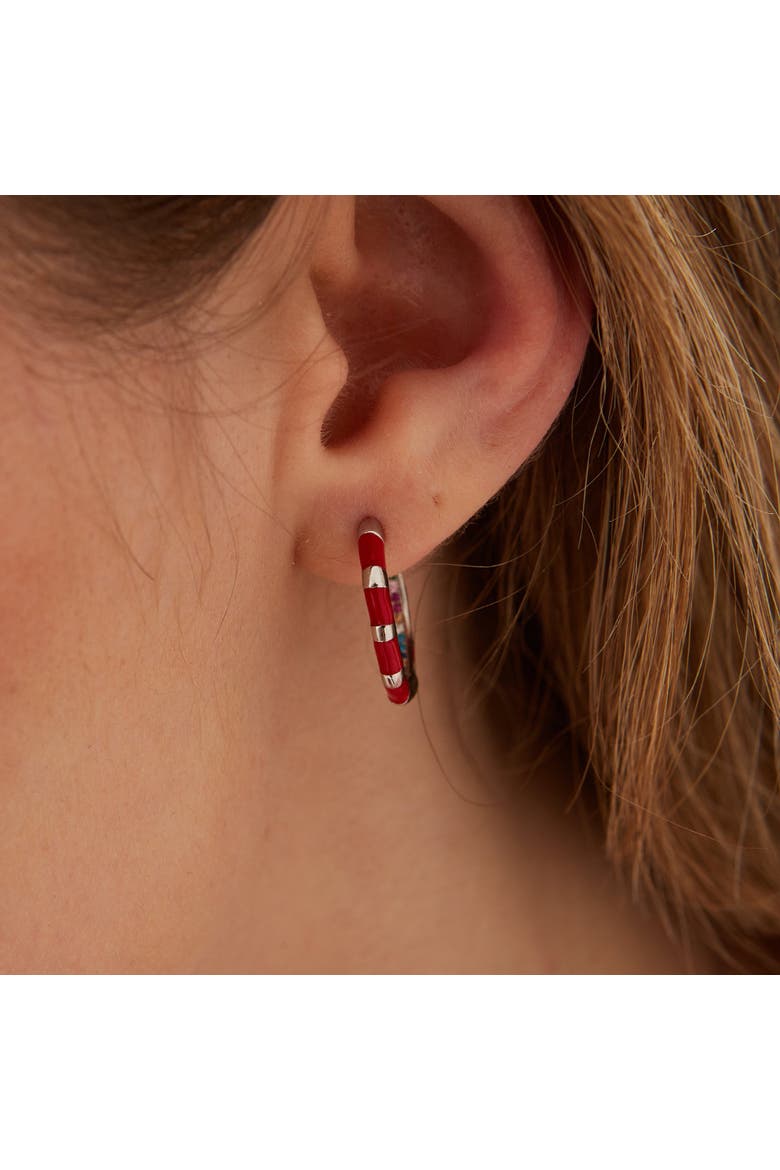 Enamel Red Fine Stripe Sterling Silver Hoop Earrings With Multi Color Zirconia Interior, Alternate, color, Silver