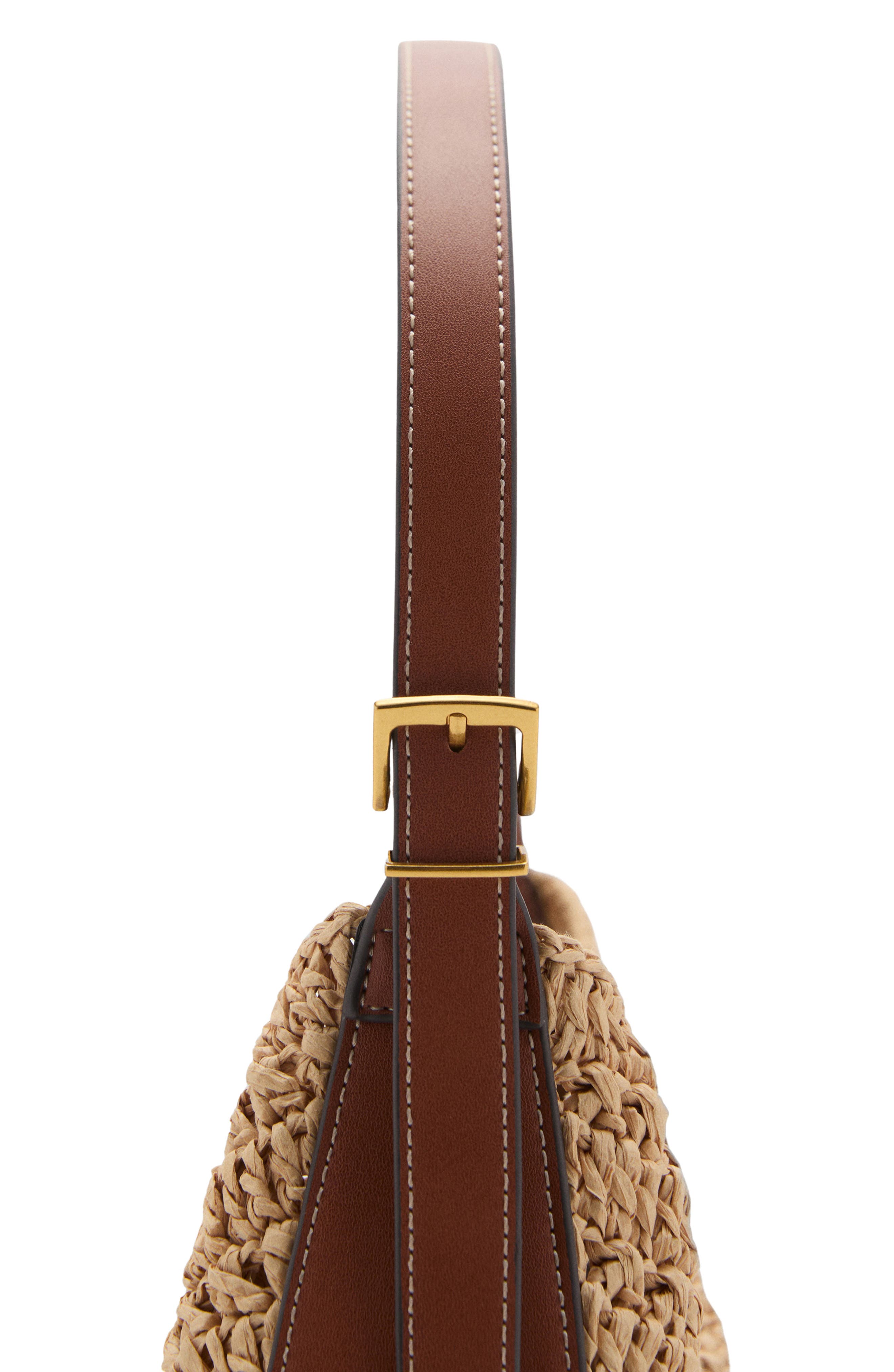 MANGO Woven Straw Shoulder Bag, Alternate, color, Beige Straw/ Brown Leather