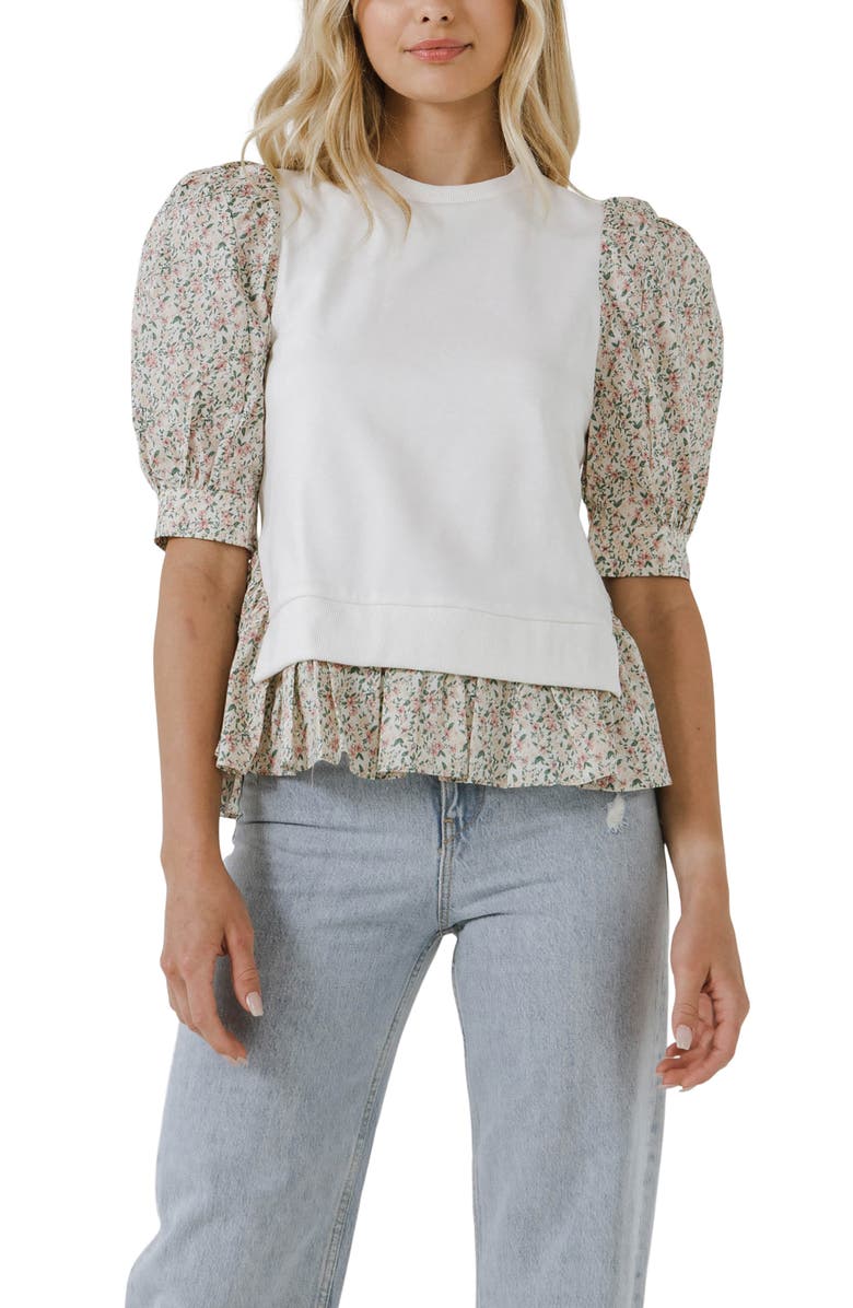 English Factory Mixed Media Puff Sleeve Cotton Top, Alternate, color, 