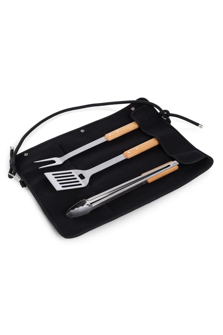 BBQ Roll Up 3 Piece Set - Green Canvas with Beechwood Tools, Alternate, color, Black