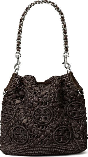 【Tory Burch】T Monogram Raffia Bucket Bag ◆国内発送◆ T Monogram Raffia Bucket Bag: Women's Designer Crossbody
