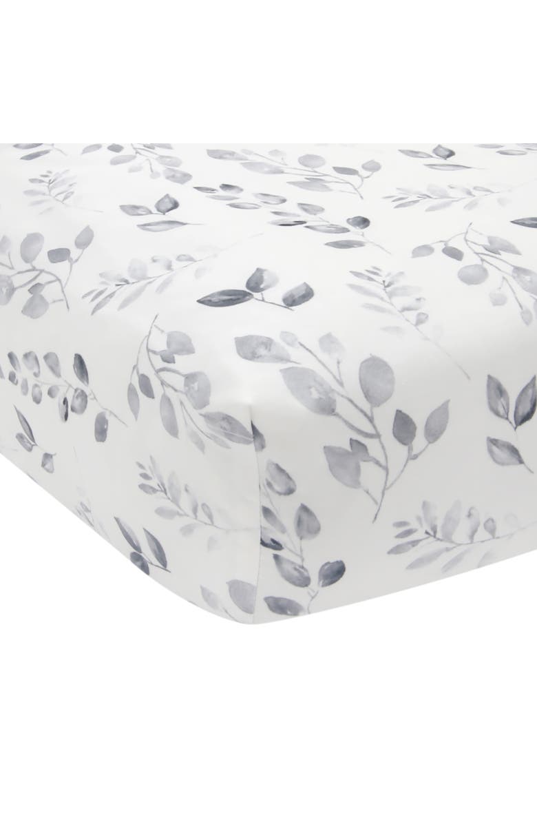 Lambs & Ivy Painted Forest Watercolor Leaf Print Baby Fitted Crib Sheet, Main, color, Gray