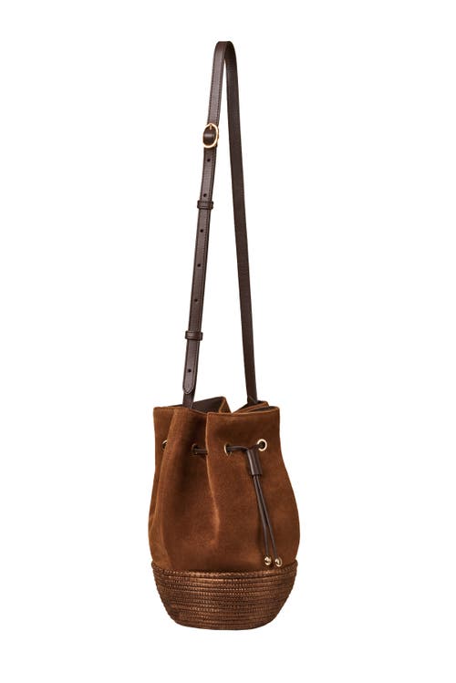 Cesta Collective Suede And Sisal Drawstring Bucket Bag In Chestnut