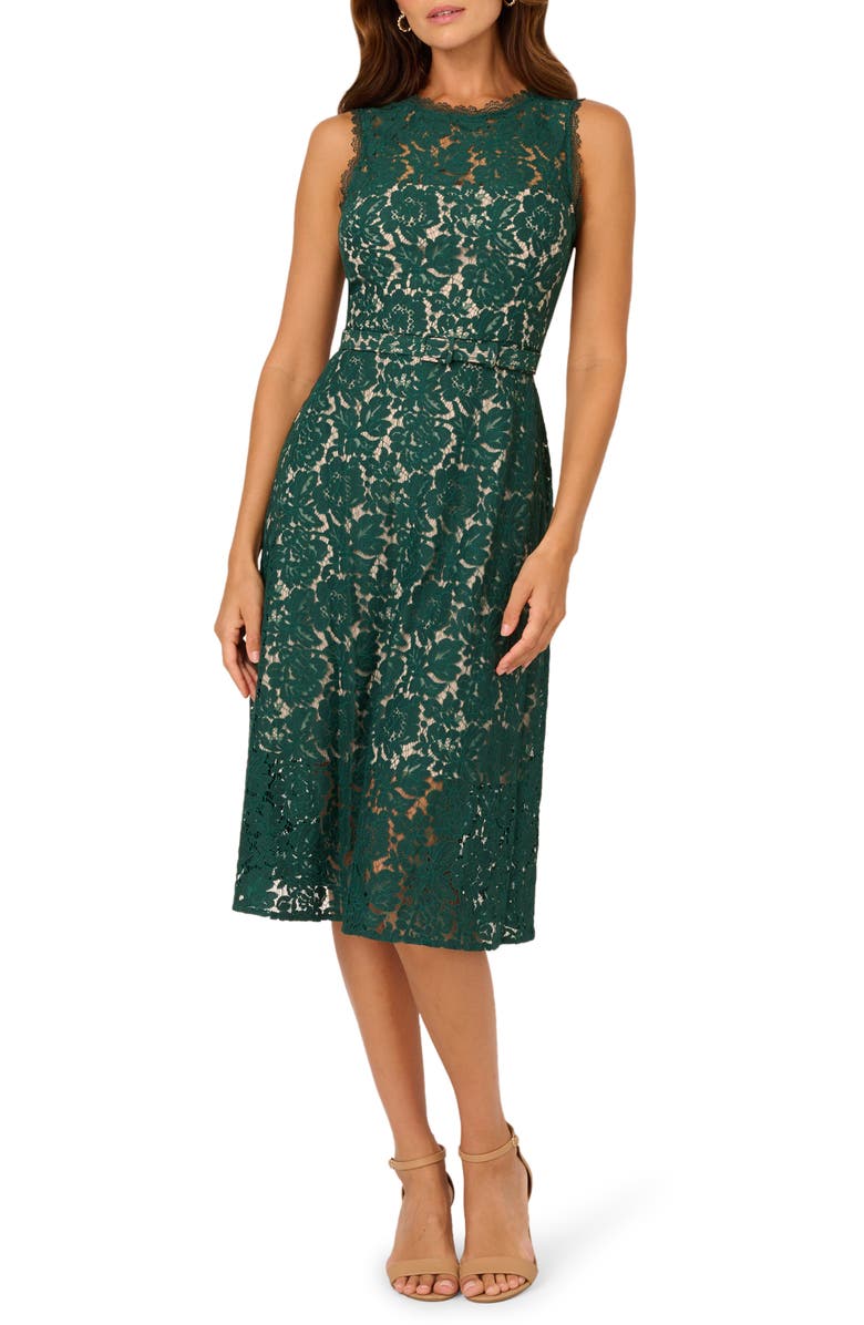 Adrianna Papell Belted Sleeveless Lace Midi Dress, Main, color,