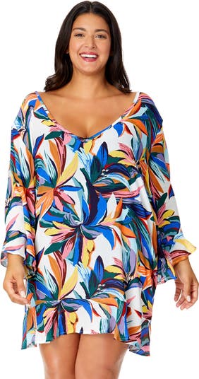 Anne Cole Women's Plus Riviera Floral Flounce V Neck Tunic