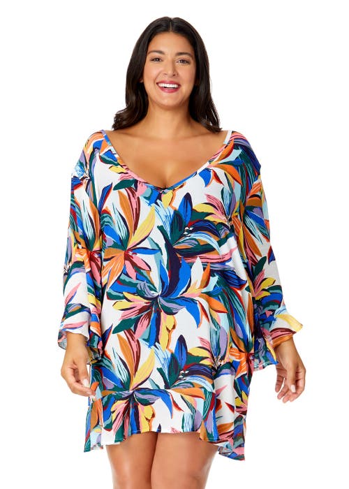 Anne Cole Plus Riviera Floral Flounce V Neck Tunic Swimsuit Cover Up In Riviera Floral