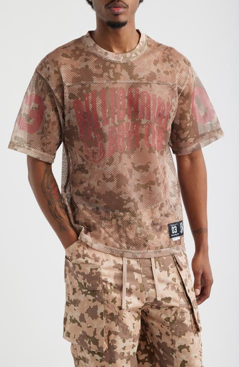 Varsity Logo Camo Print Mesh T-Shirt