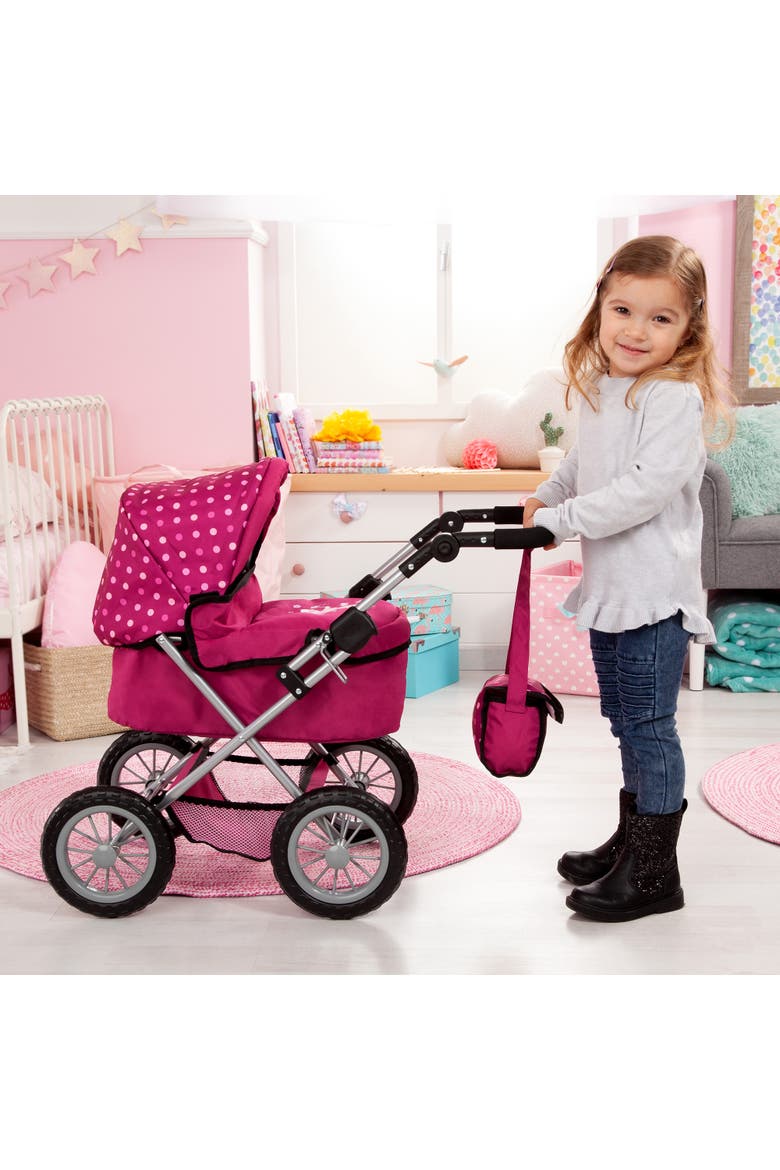 Bayer Dolls Pram Trendy with Shoulder Bag and Underneath Shopping Basket, Bordeaux, Red with Pattern, Alternate, color, Pink