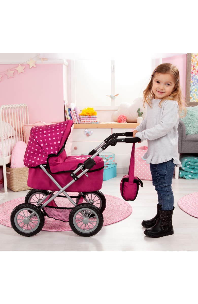 Bayer Design Bayer Dolls Pram Trendy with Shoulder Bag and Underneath Shopping Basket, Bordeaux, Red with Pattern, Alternate, color, Pink