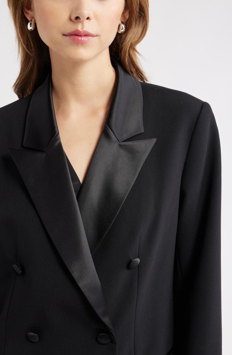 Open Edit Double Breasted Satin Trim Blazer, Alternate, color, Black