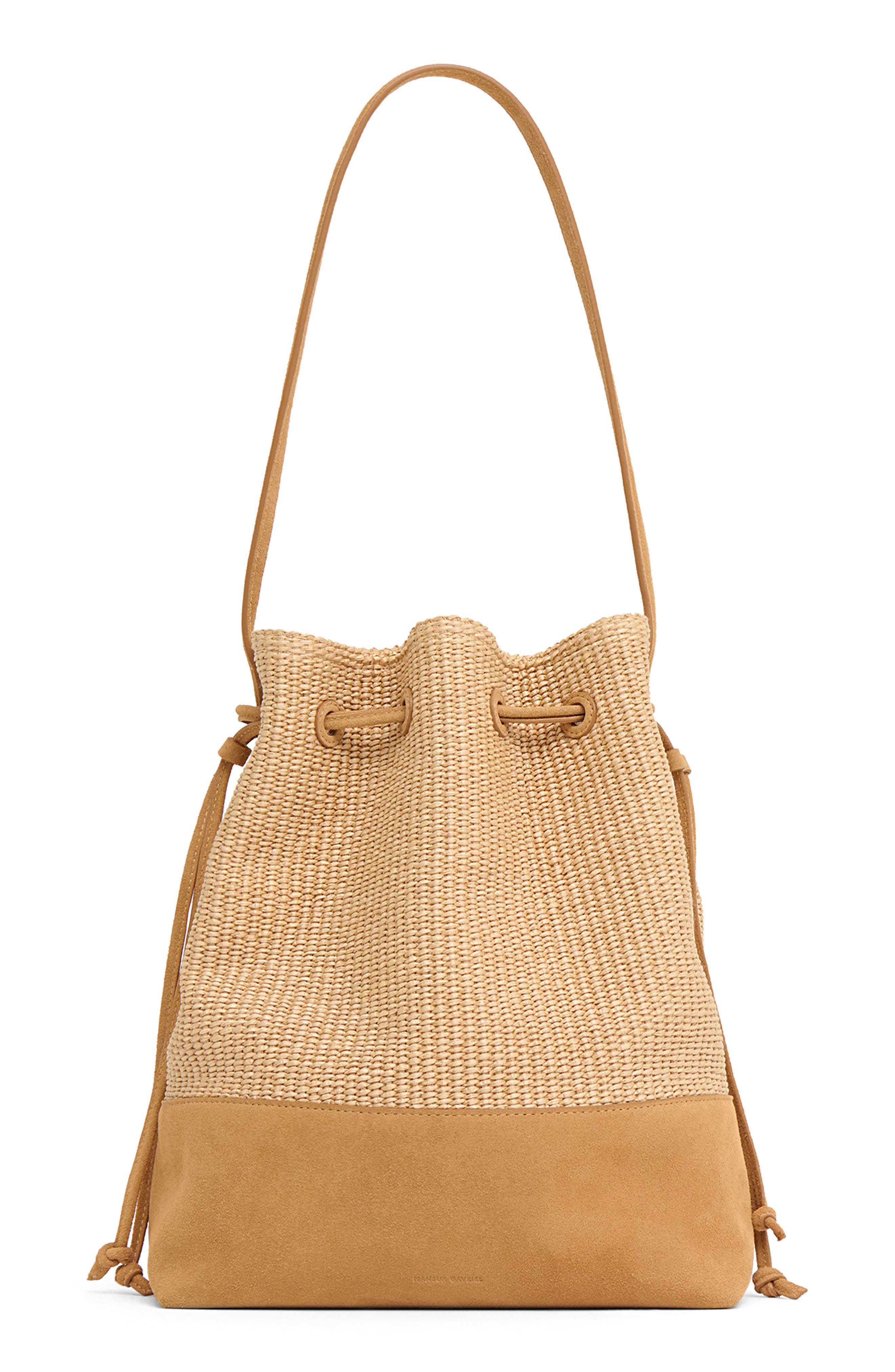 Mansur Gavriel Drawstring Woven Raffia & Suede Bucket Bag, Main, color, Natural