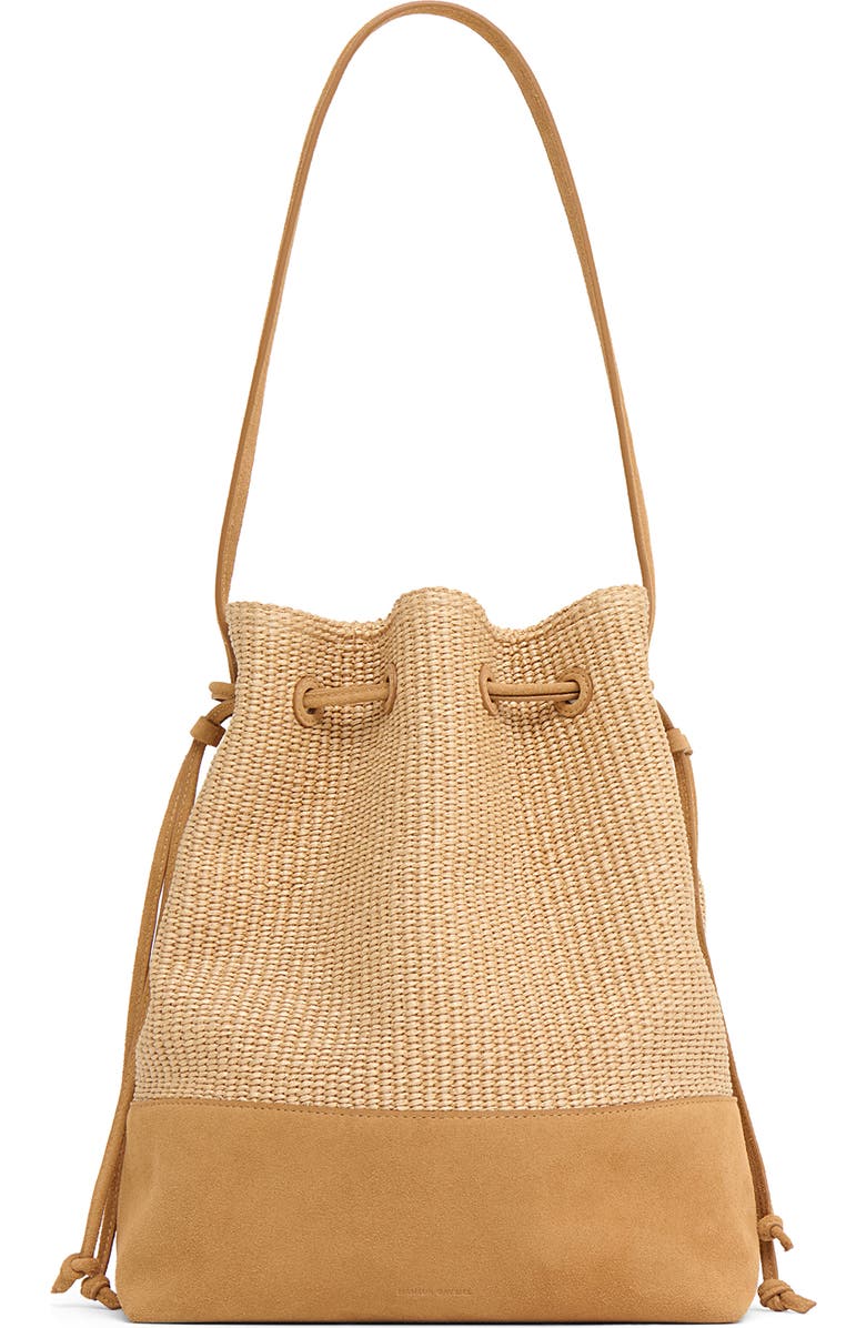 Mansur Gavriel Drawstring Woven Raffia & Suede Bucket Bag, Main, color, Natural