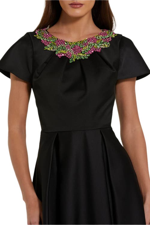 Mac Duggal Satin Flutter Sleeve Beaded Neckline Gown In Black