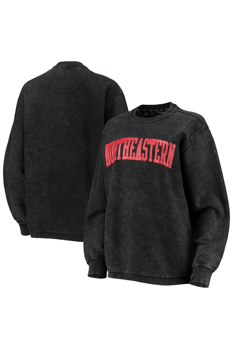 Women's Pressbox Black Northeastern Huskies Comfy Cord Vintage Wash Basic Arch Pullover Sweatshirt, Main, color, Black