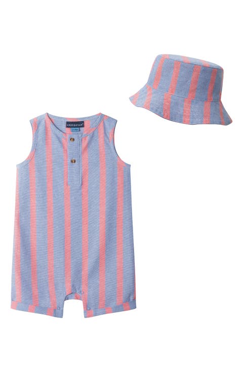 Cotton Blend Seersucker Romper & Hat Set (Baby)