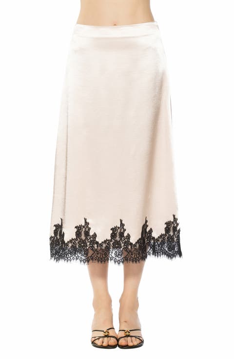 Serena Lace Trim Satin Midi Skirt