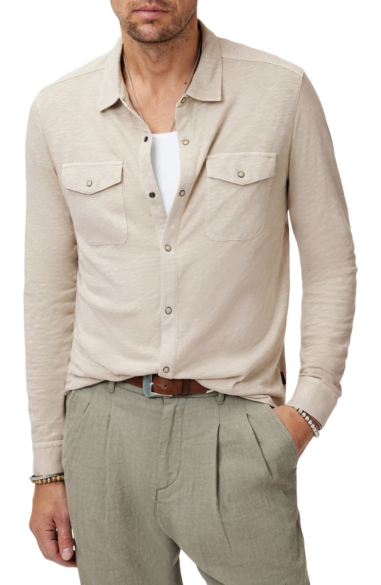 John Varvatos Avron Slub Organic Cotton Knit Snap-Up Western Shirt, Alternate, color, Almond