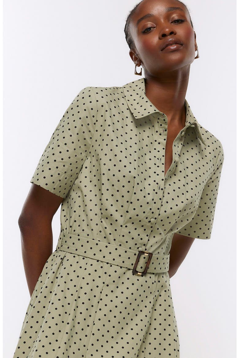 Polka Dot Belted Cotton Shirtdress, Alternate, color, KHAKI