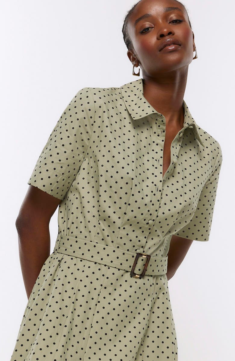 River Island Polka Dot Belted Cotton Shirtdress, Alternate, color, 