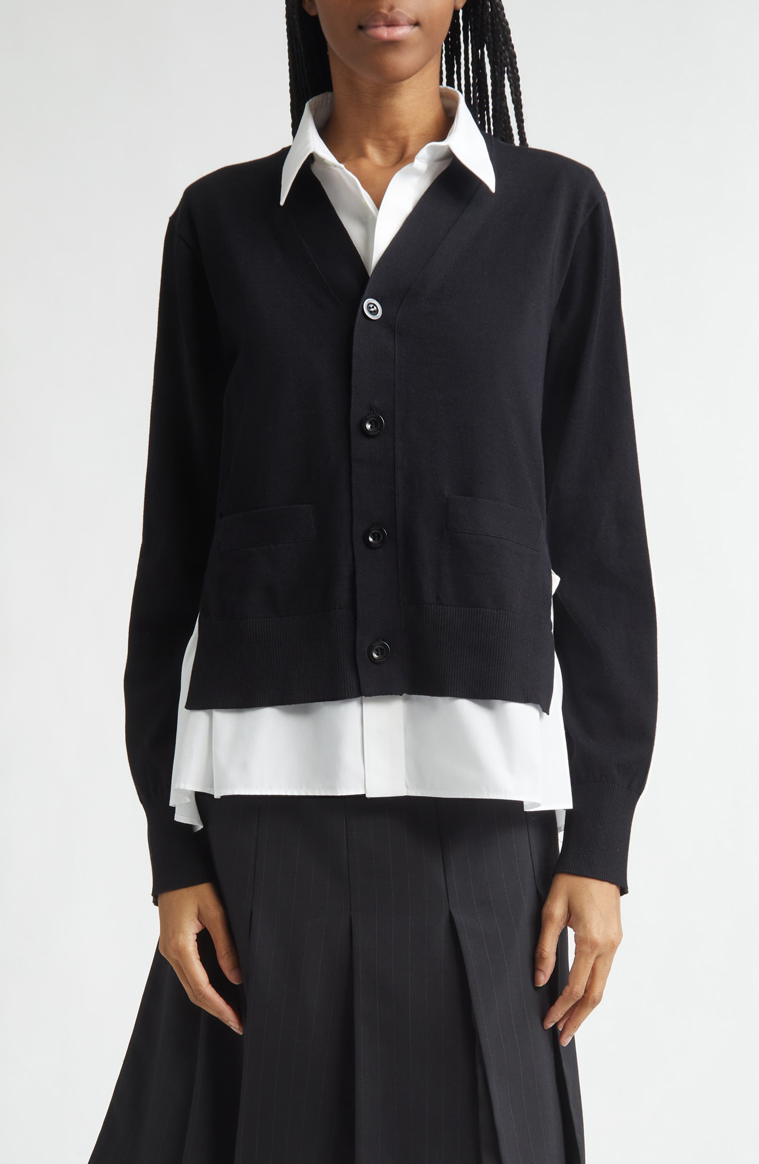 Mixed Media Poplin & Knit Cardigan