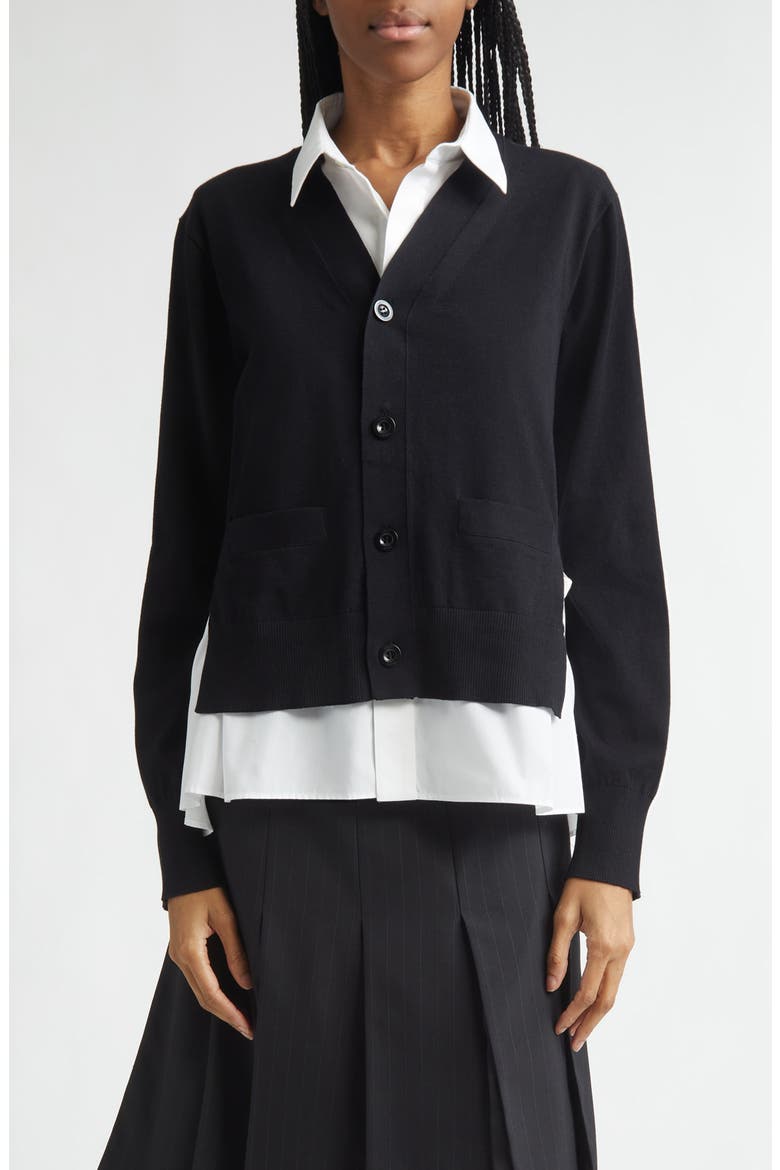 Mixed Media Poplin & Knit Cardigan, Main, color, BLACK/ OFF WHITE