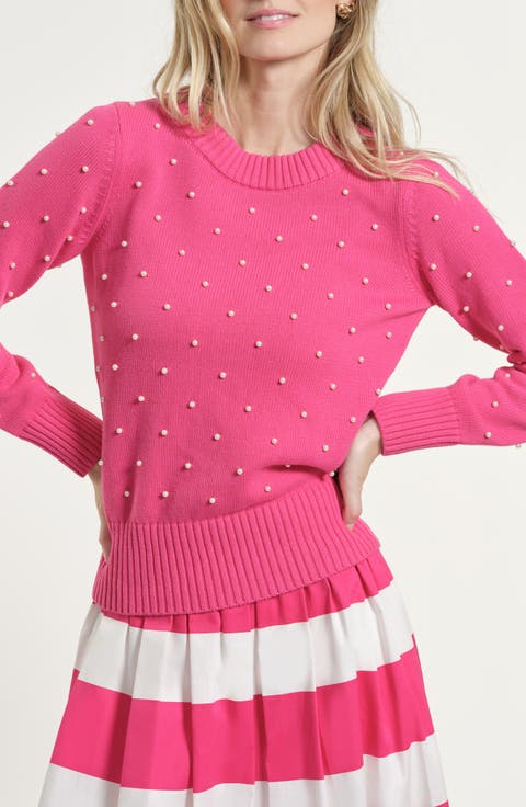 Faux Pearl Accent Cotton Crewneck Sweater