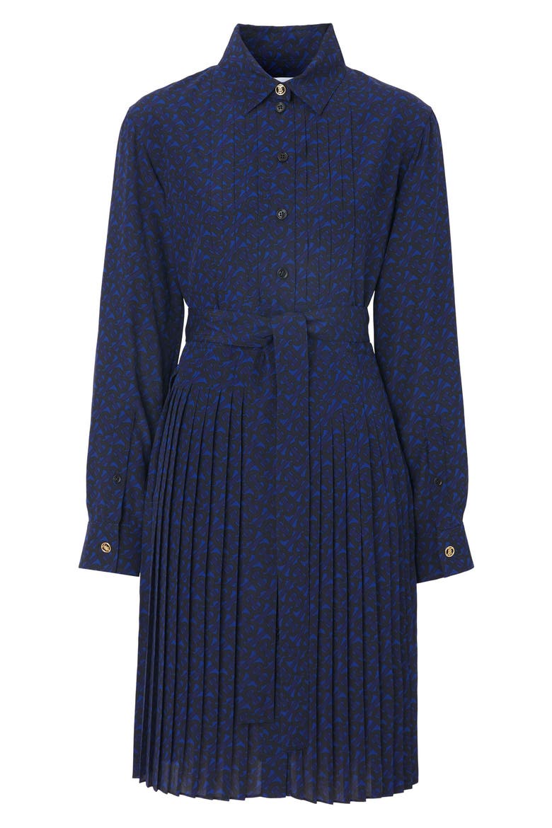 TB Monogram Print Pleated Silk Dress, Alternate, color, DEEP ROYAL BLUE PAT