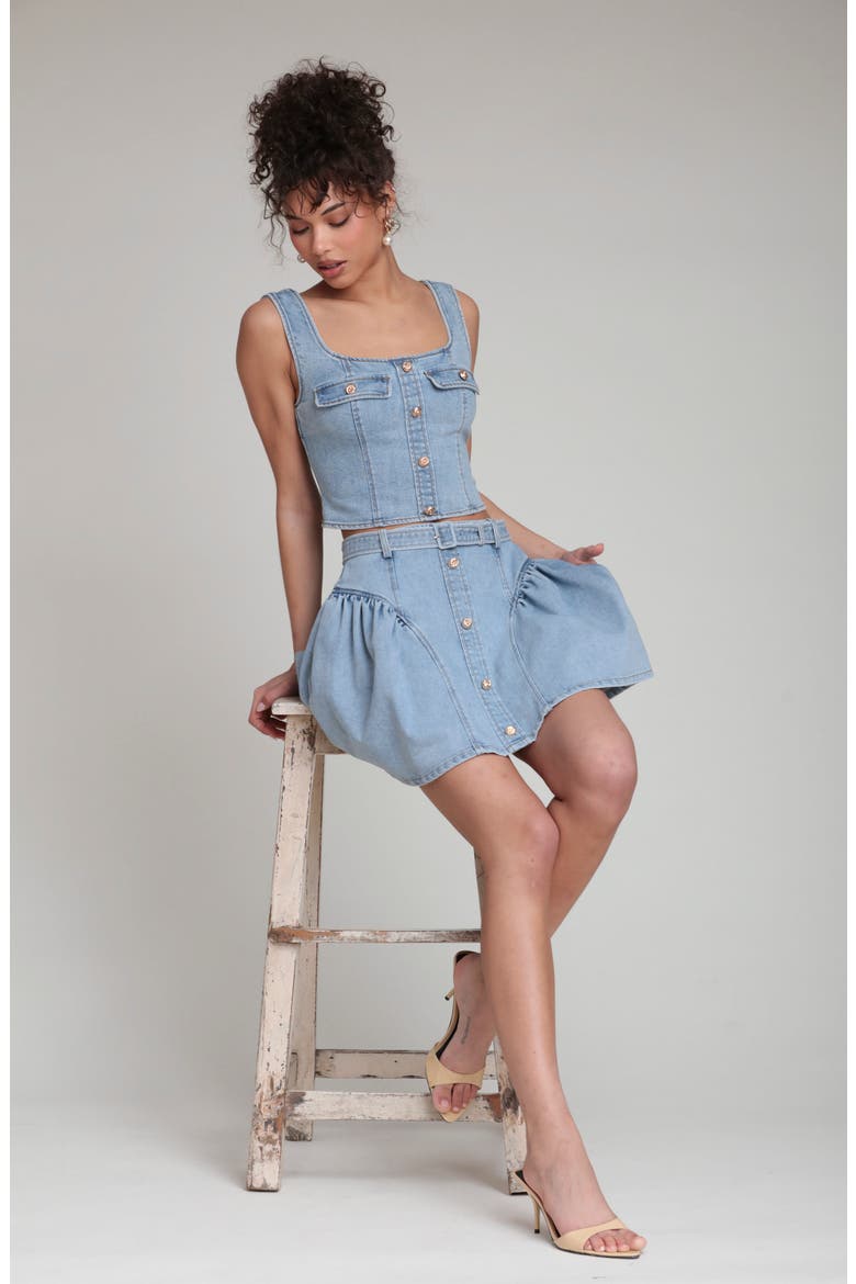 Belted Denim Miniskirt, Alternate, color, SATIN WASH