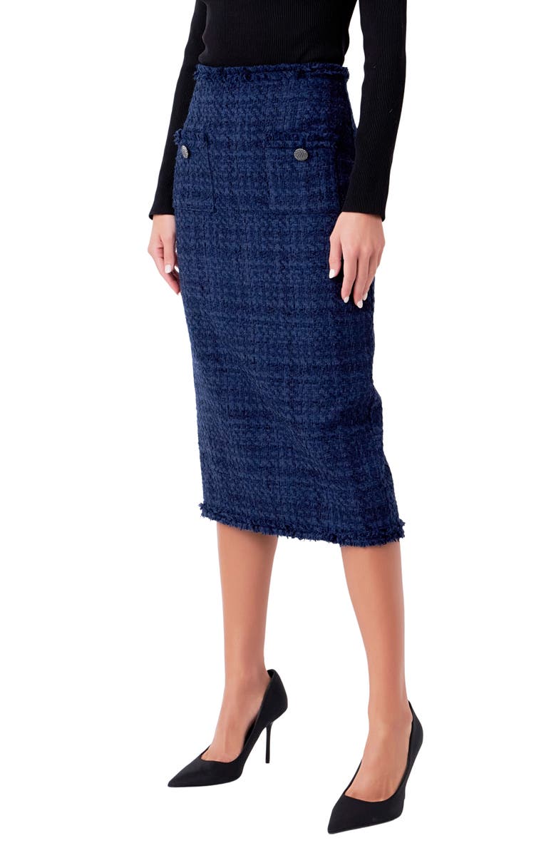 Endless Rose Bouclé Tweed Midi Skirt, Alternate, color, Navy
