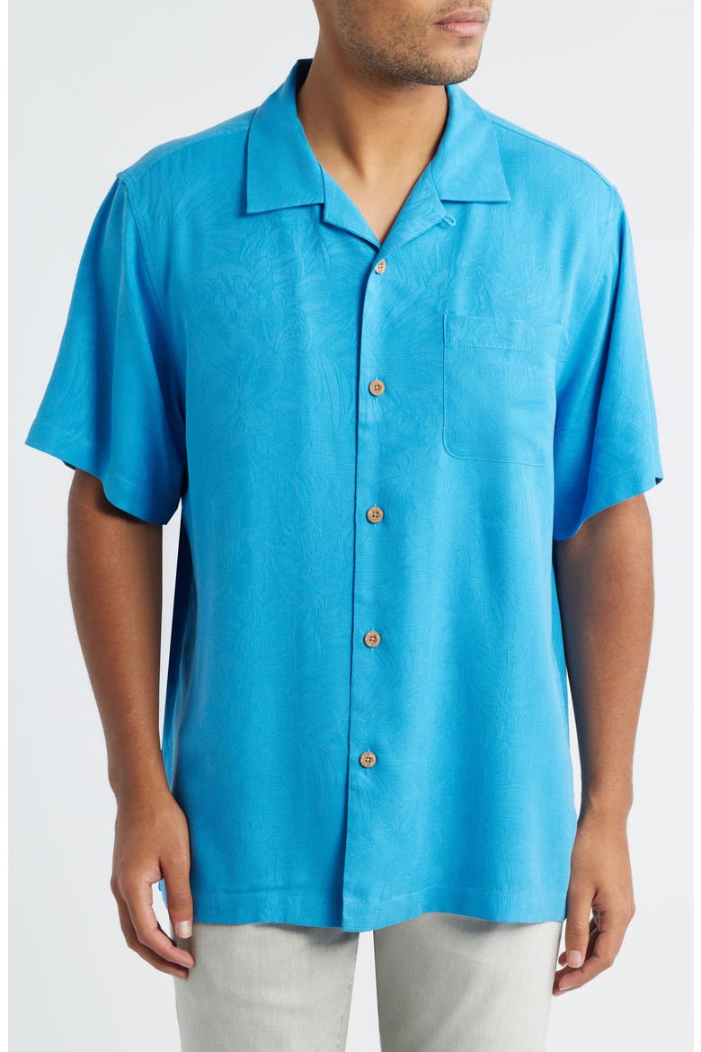Tropic Isle Short Sleeve Button-Up Silk Camp Shirt, Main, color, BLUE CANAL
