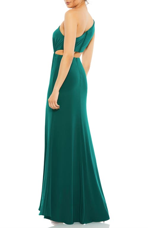 Mac Duggal One Shoulder Ruched Cut Out Jersey Gown In Emerald