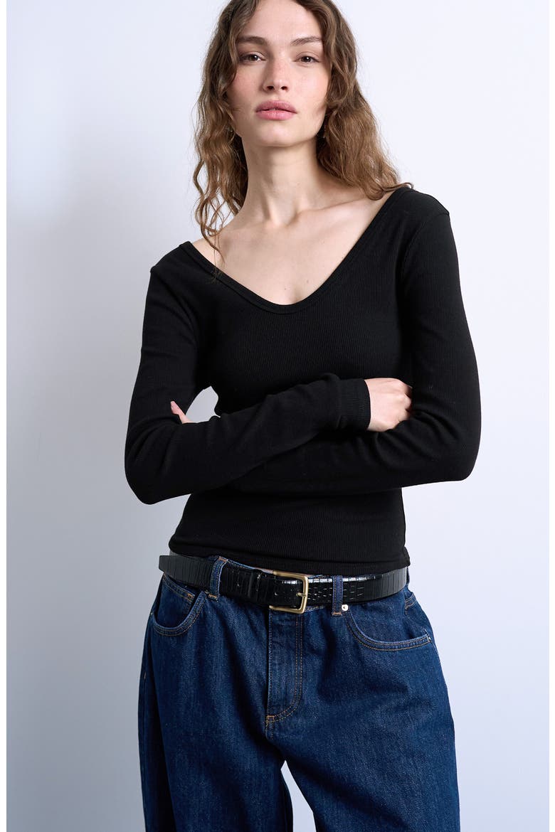 Double V-Neck Long Sleeve Stretch Cotton Rib Top, Main, color, BLACK