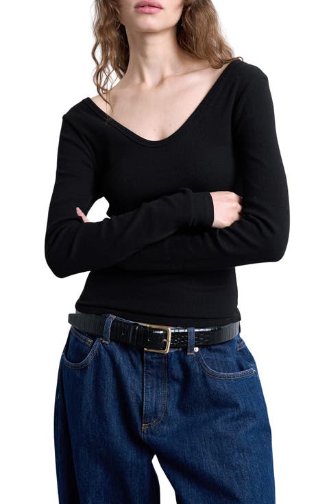 Double V-Neck Long Sleeve Stretch Cotton Rib Top