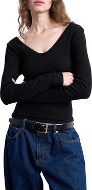 Topshop Double V-Neck Long Sleeve Stretch Cotton Rib Top