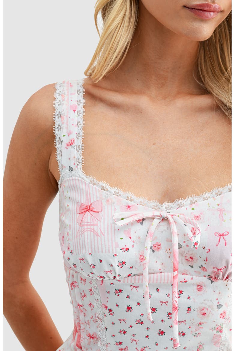 Mixed Print Lace Detail Fit & Flare Cotton Minidress, Alternate, color, PINK BOWS