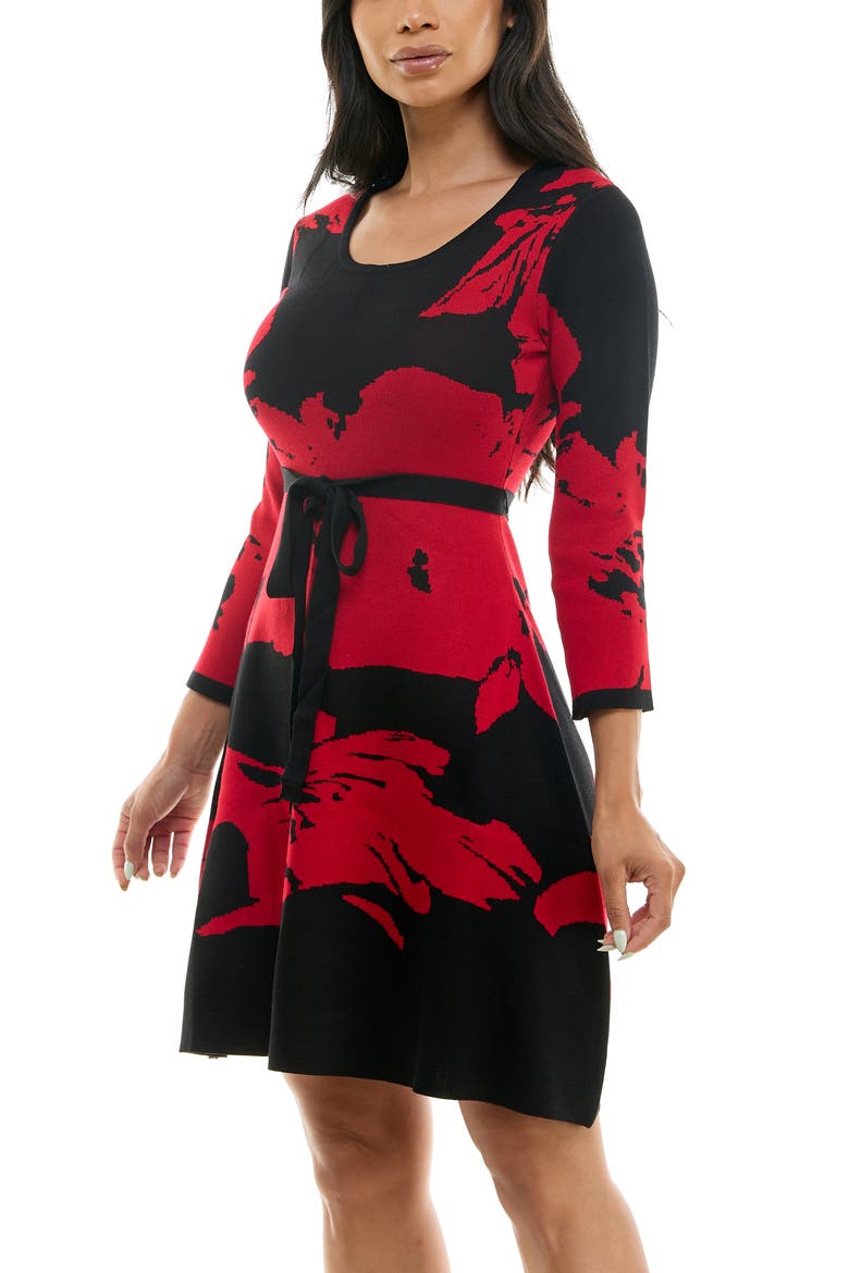 Jacquard Fit & Flare Sweater Dress, Alternate, color, BLACK/ RED