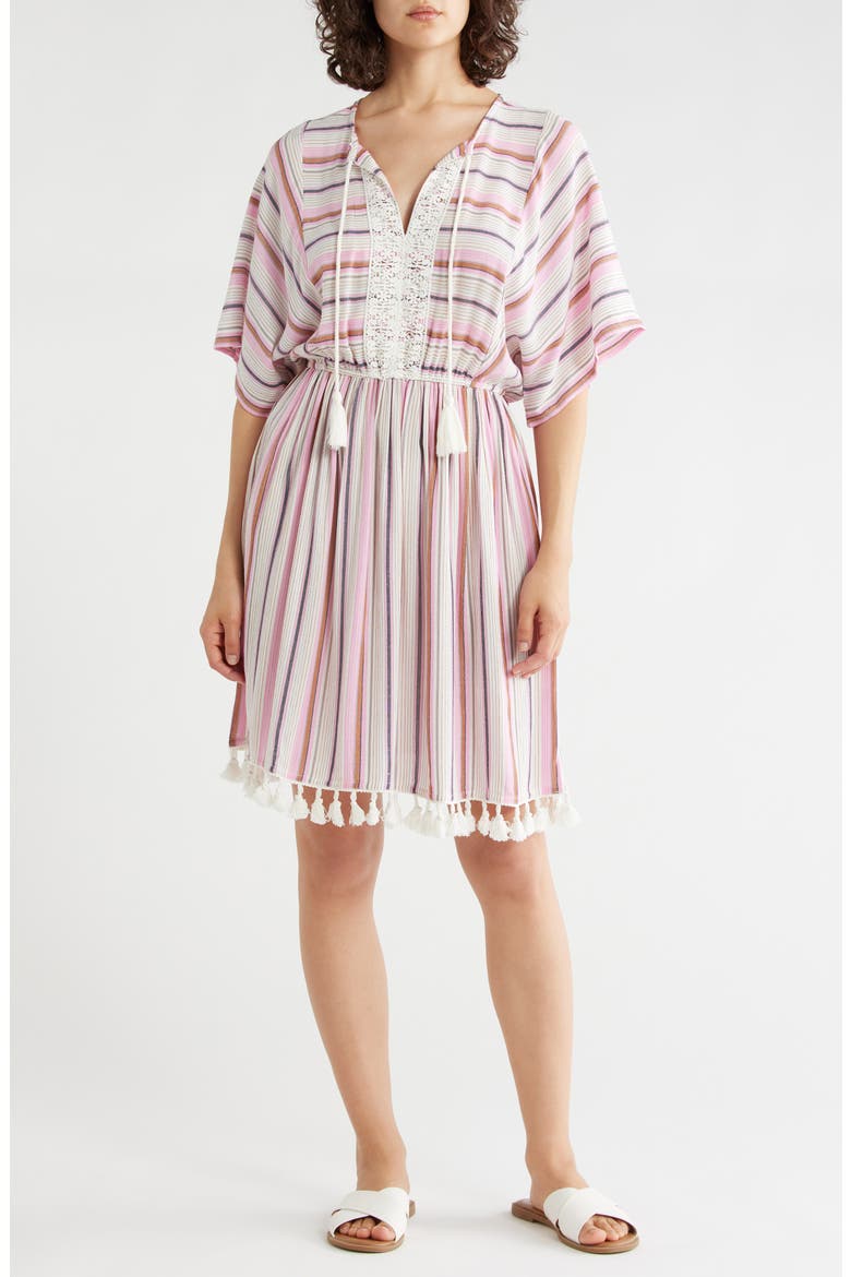 Lace Trim Short Sleeve Dress, Main, color, NATURAL/ PINK
