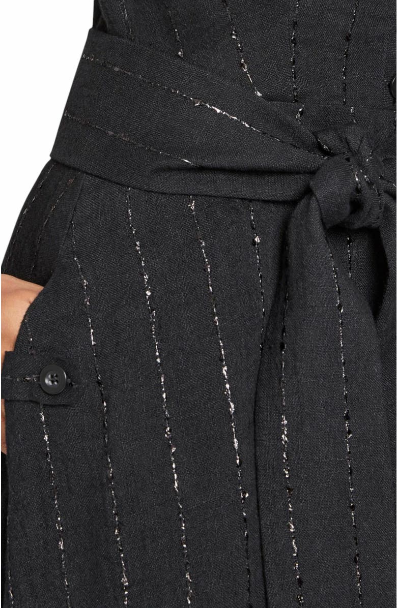 Santorelli NIA Sleeveless Midi Dress with Asymmetric Hemline and Button Details in Metallic Striped Linen, Alternate, color, Black