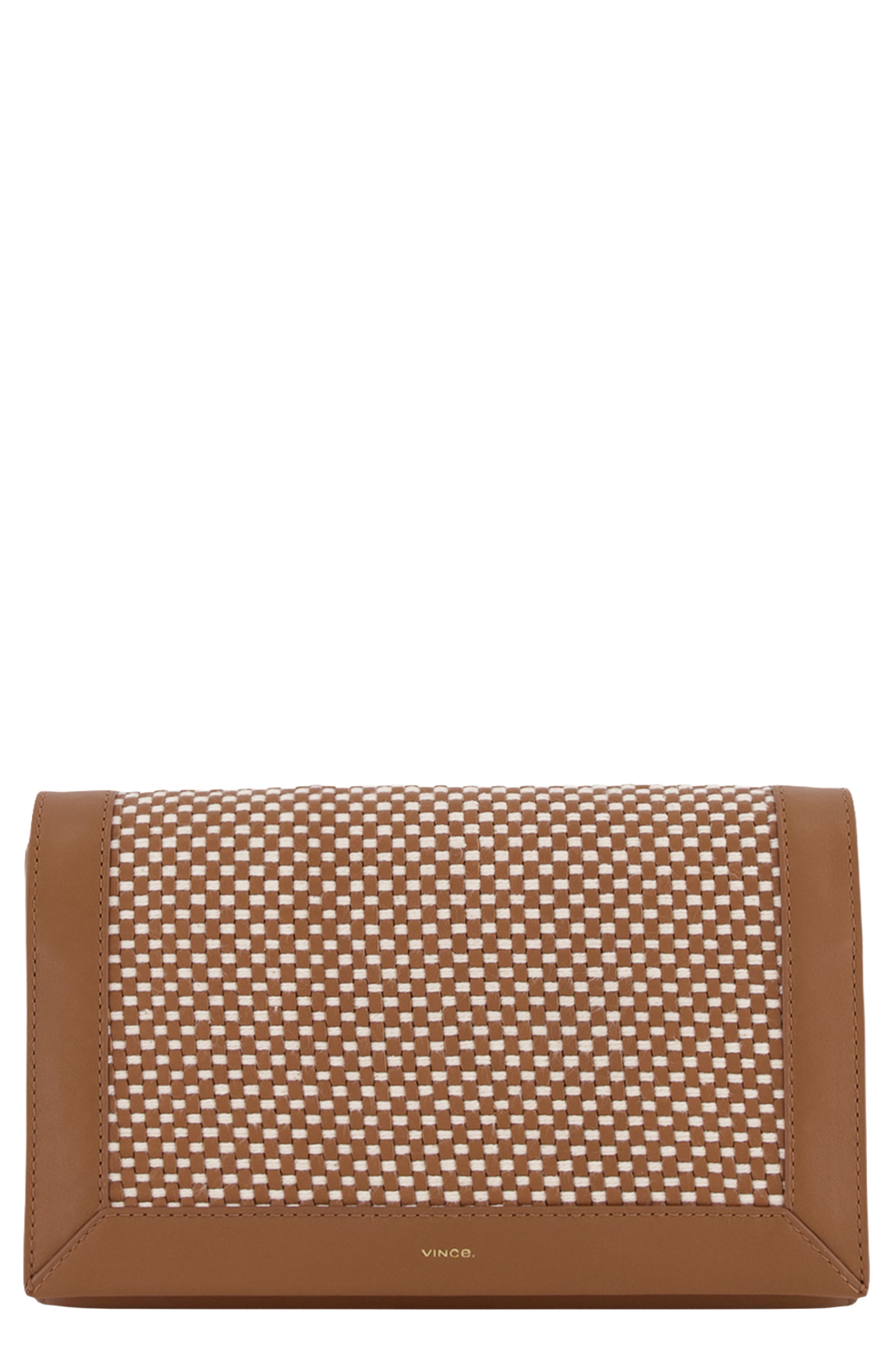 Vince Woven Leather Wallet on a Strap, Main, color, Saddle/ Milk