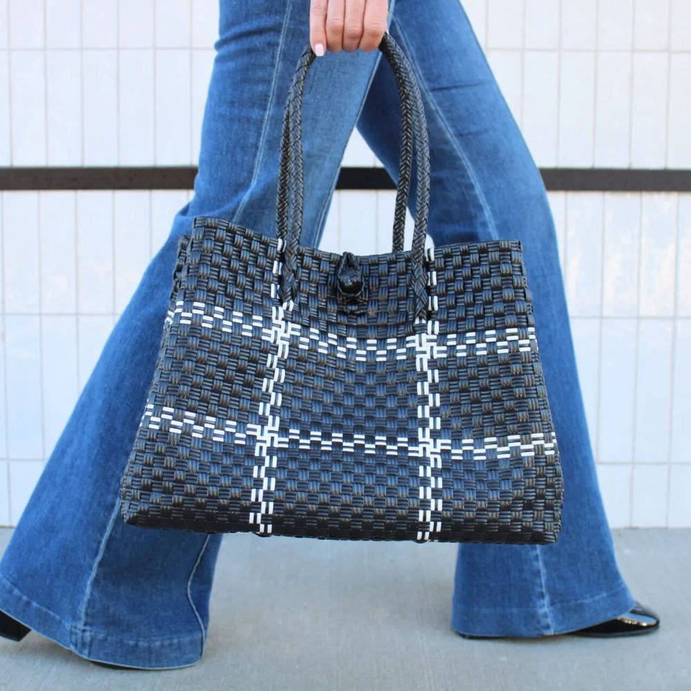 The Midi Piper Handwoven Tote Recycled Plastic, Alternate, color, White Black Checker