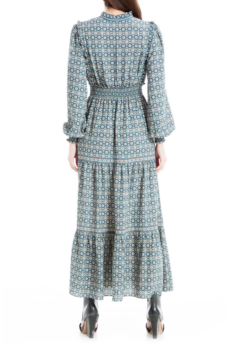 Elbow Sleeve Tier Maxi Dress, Alternate, color, TEAL GRAPHIC SUNFLOWER