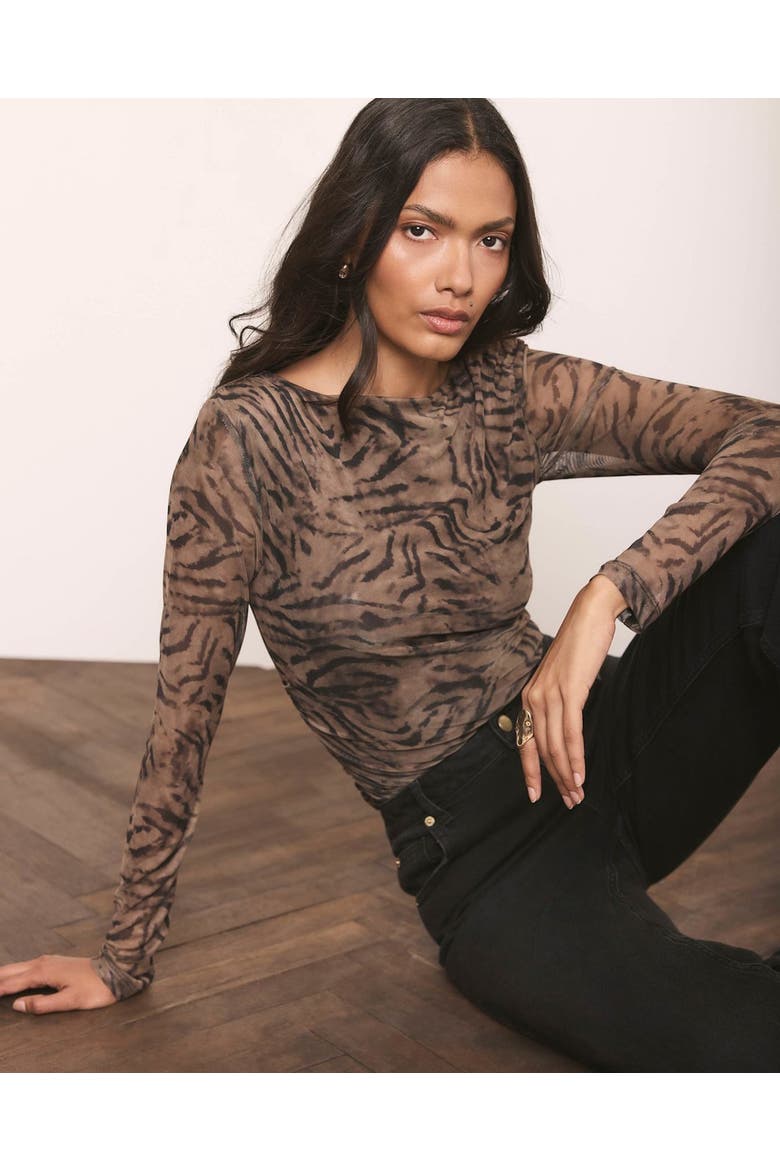 Boat Neck Draped Detail Mesh Top, Alternate, color, Brown