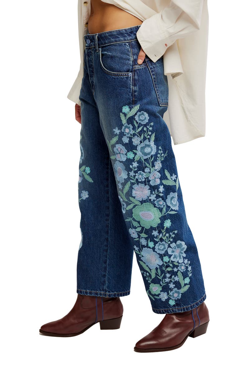 Free People Deep Trance Floral Embroidered Nonstretch Wide Leg Jeans, Alternate, color, Forget Me Not