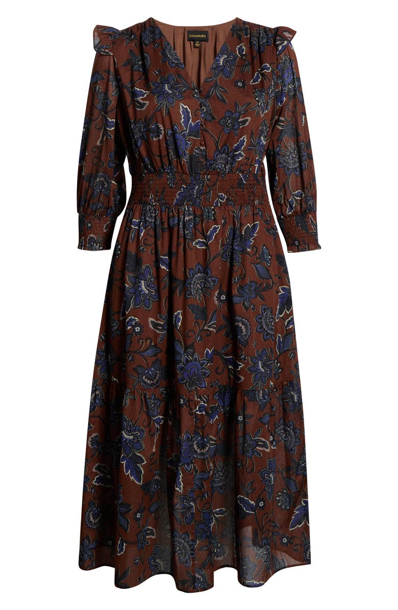 SUGARLIPS Marlina Floral Print Long Sleeve Maxi Dress, Alternate, color, Brown-Blues