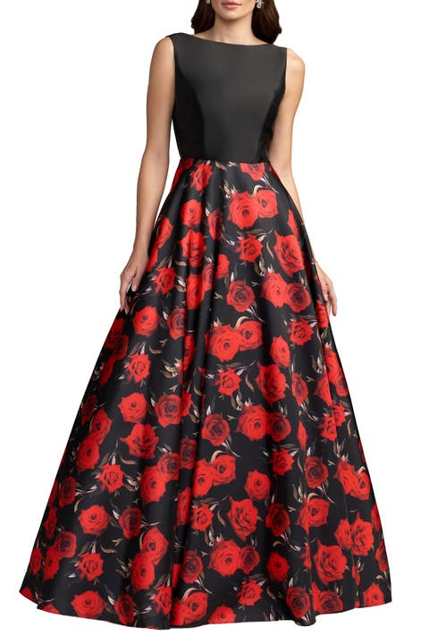 Petite Floral Printed Mikado Open Back Sleeveless Gown