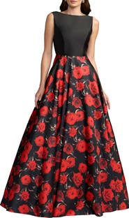 Mac Duggal Petite Floral Printed Mikado Open Back Sleeveless Gown