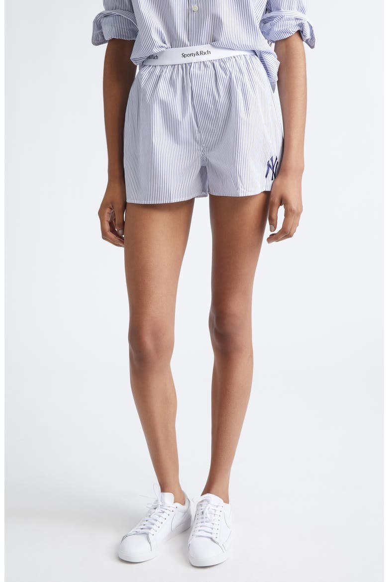 Yankees Serif Logo Cotton Boxer Shorts, Main, color, NAVY STRIPED