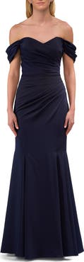 La Femme Chic Off the Shoulder Gown with Side Pleating