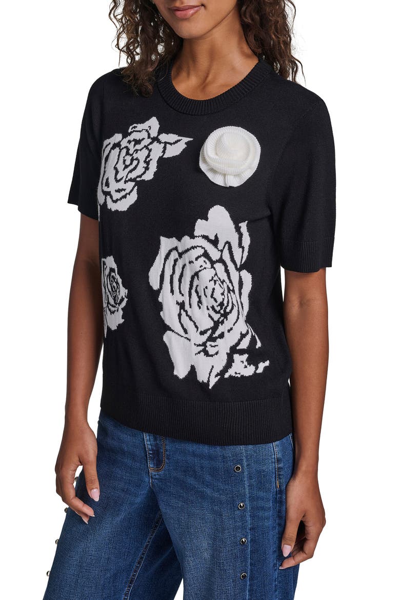 Rose Motif Short Sleeve Sweater, Main, color, BLACK/ SOFT WHITE
